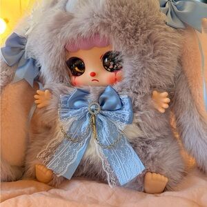 Cute Plush Labubu Doll with Blue Bow (GREAT CONDITION)